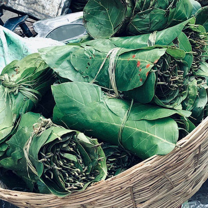 Luna-Leena mand laag met strepen H18cm - jute & groen katoen - handgehaakt in Nepal