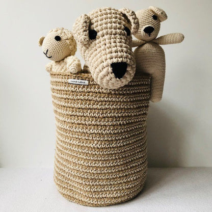 Luna-Leena mand met gebroken witte strepen - jute & katoen - H30cm - handgehaakt in Nepal