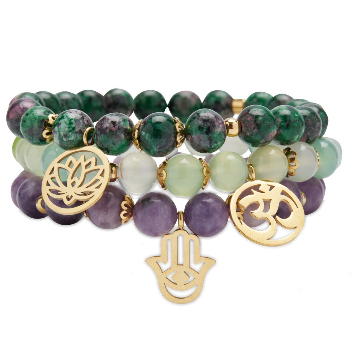 Triple bracelets "Emotional Liberation" in Lepidolite, Clinozoisite and Grape Agate