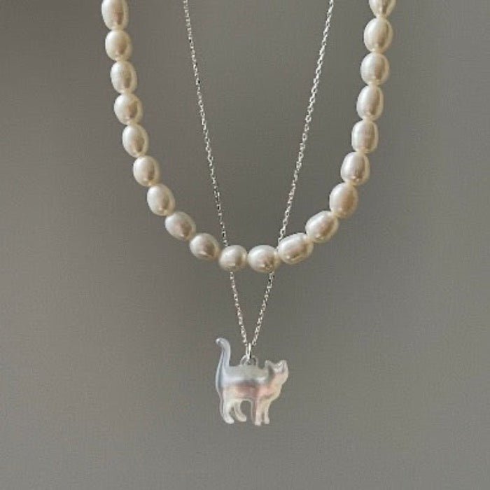 Cute Cat Necklace - Mother of Pearl Silver Necklace