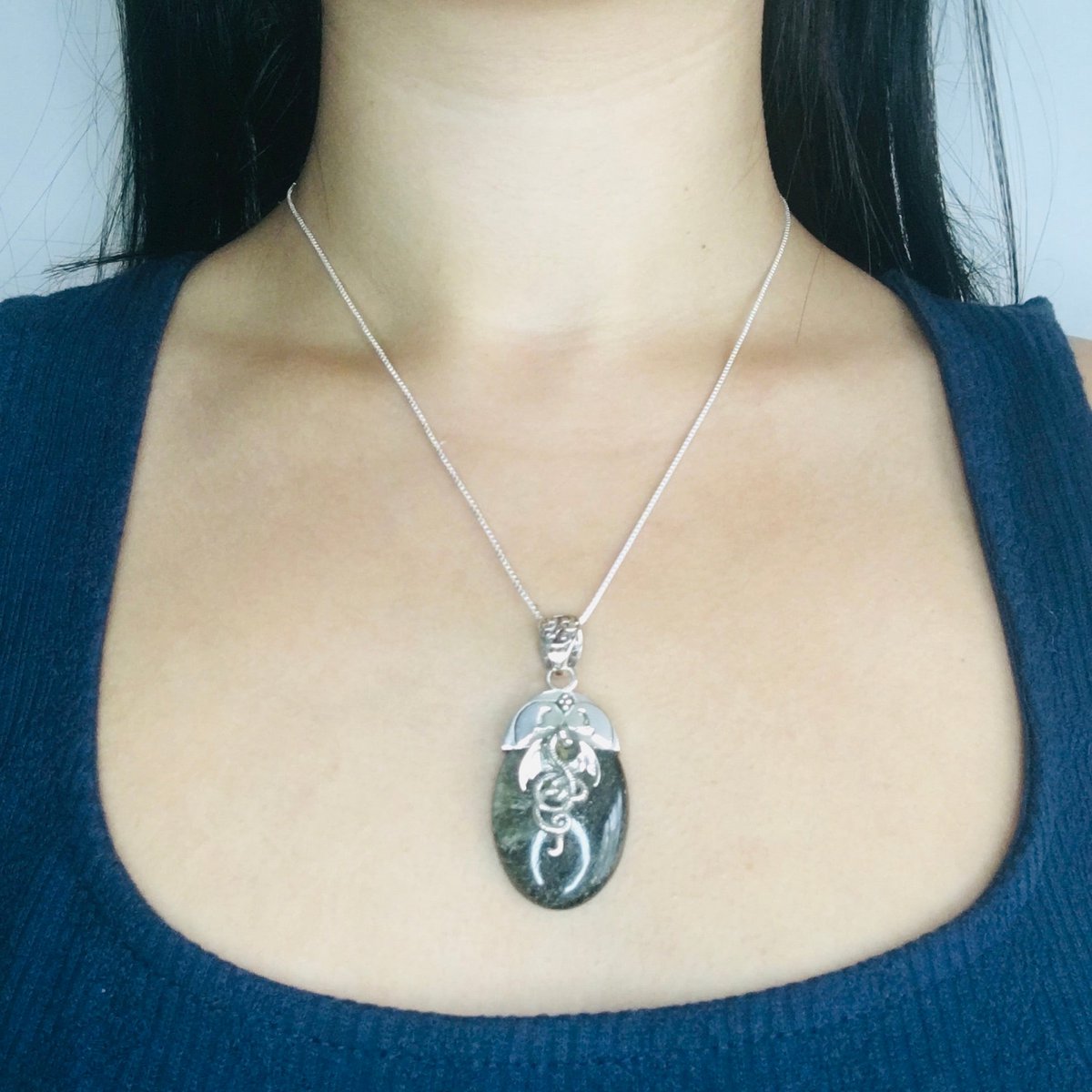 "Amulet of Courage" dragon necklace and pendant in black obsidian and 925 silver