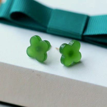 Natural Hetian jade lucky clover ear studs-18K gold