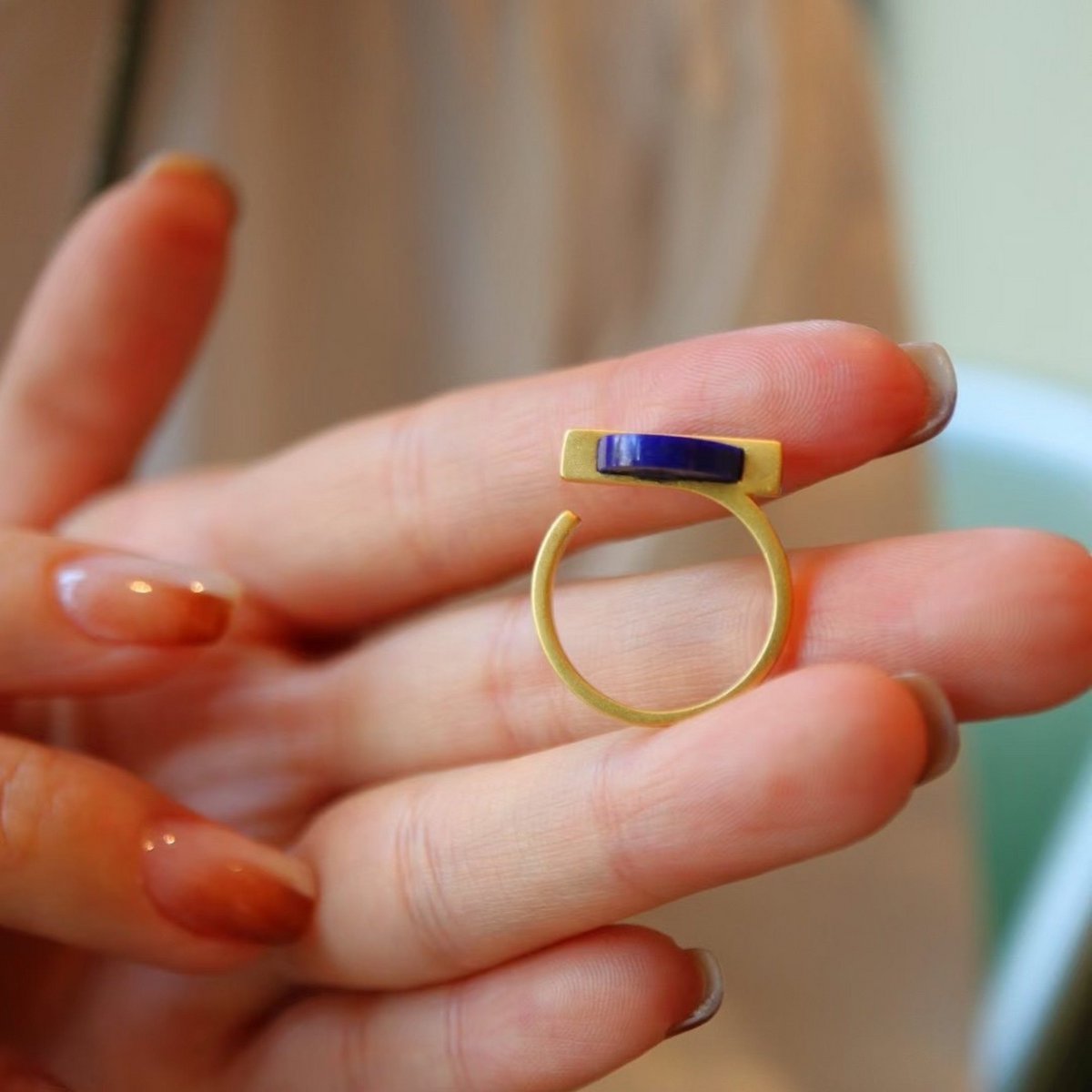 Goud vermeil minimalistische ronde edelsteen ring - verstelbaar - Lapis Lazuli