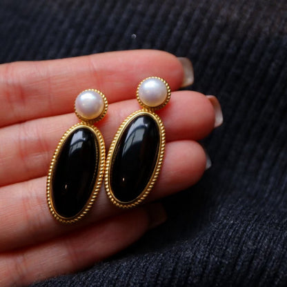 Modern Vintage Genuine Black Onyx Large Earrings with Freshwater Pearl-Gold Vermeil