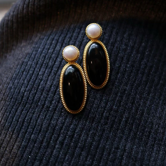 Modern Vintage Genuine Black Onyx Large Earrings with Freshwater Pearl-Gold Vermeil