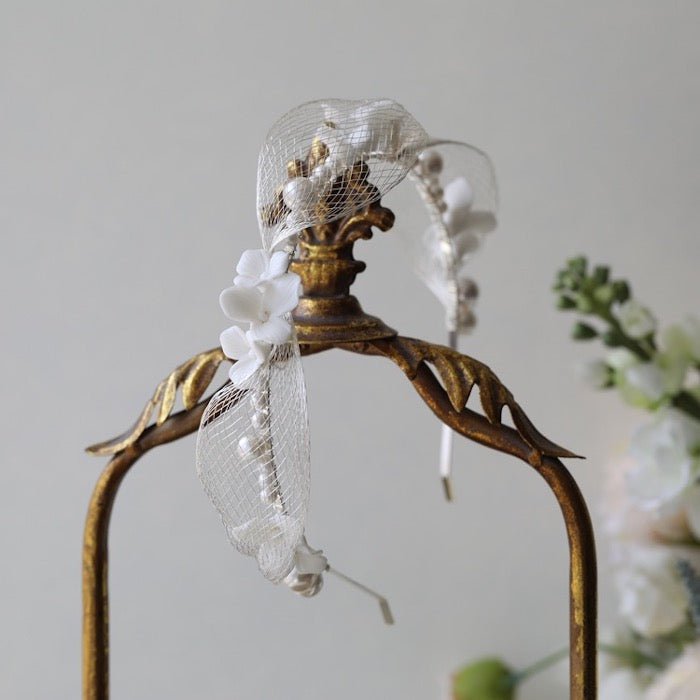 Romantic Silver Mesh Bridal Headband-Ceramic Flowers