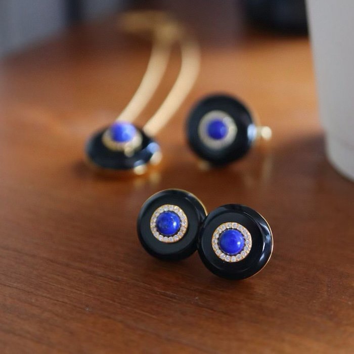 Modern Vintage Black Onyx Stud Earrings-Lapislazuli n Green Onyx