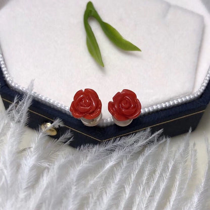 Timeless red coral and rose flower stud earrings - 18K gold