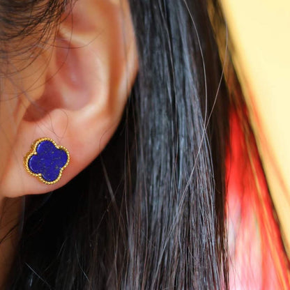 Minimalist Lapis Lazuli lucky clover stud earrings - Gold vermeil - AAAA Quality