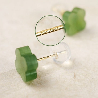 Natural Hetian jade lucky clover ear studs-18K gold