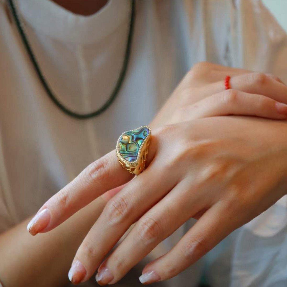 Ocean Wave Design: Abalone Shell Gold Vermeil Statement Ring-Adjustable