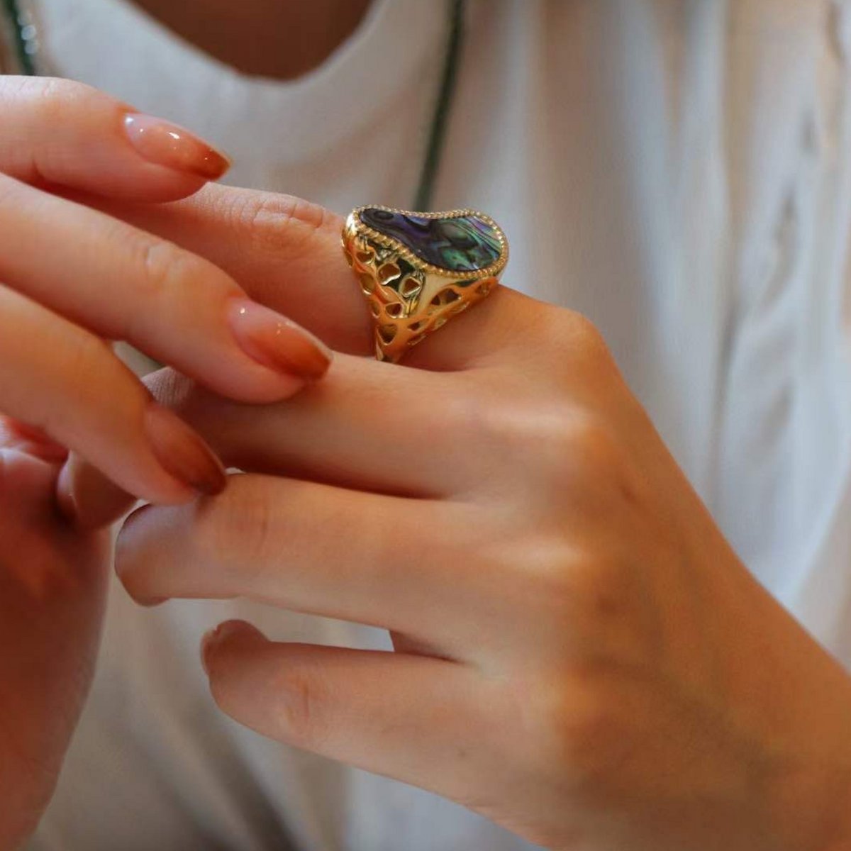 Ocean Wave Design: Abalone Shell Gold Vermeil Statement Ring-Adjustable