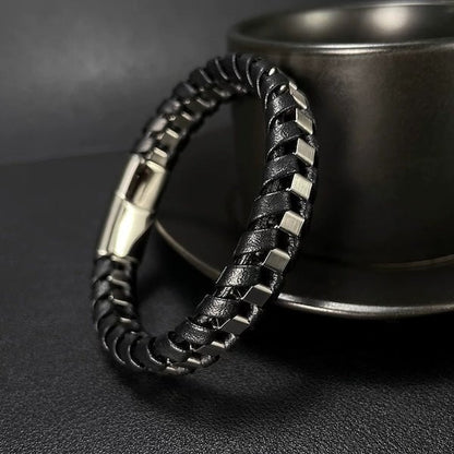 Men's Leather and Steel Fashion Bracelet