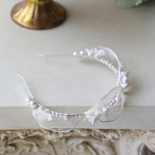 Romantic Silver Mesh Bridal Headband-Ceramic Flowers