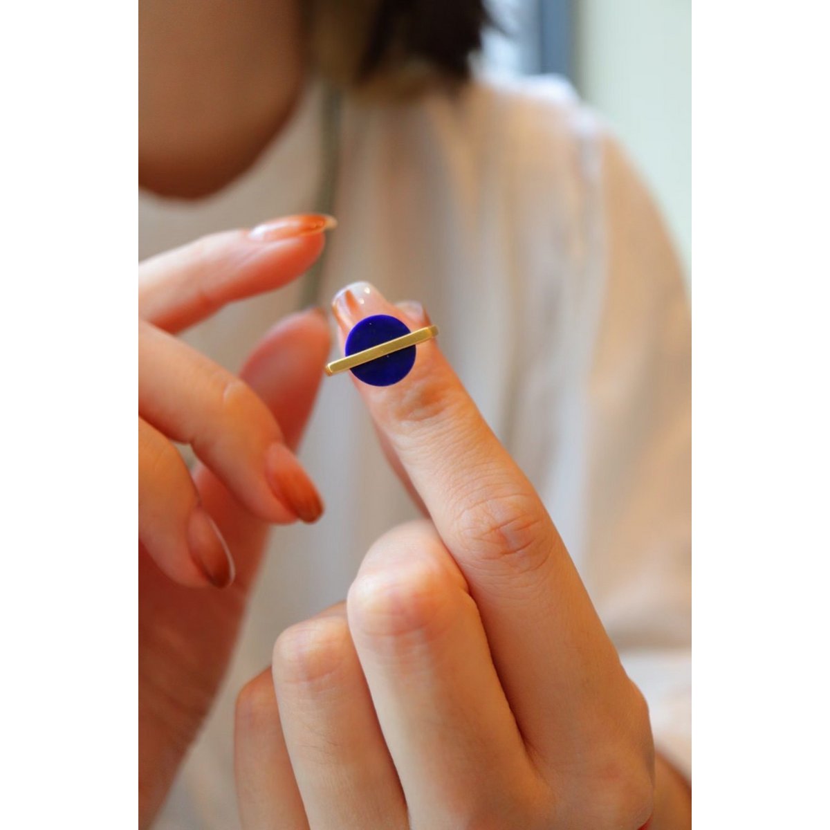 Goud vermeil minimalistische ronde edelsteen ring - verstelbaar - Lapis Lazuli