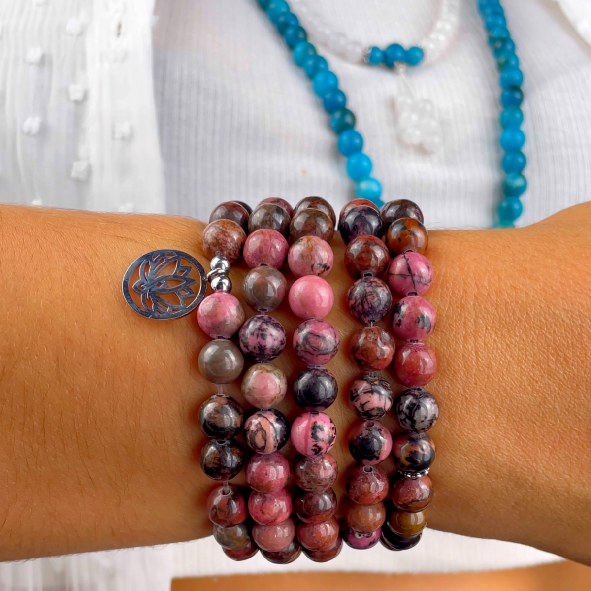 Mala bracelet "Mastery of Emotions" of 108 Rhodonite beads