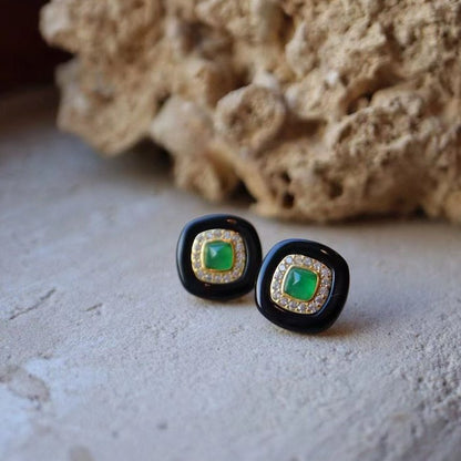 Modern Vintage Black Onyx Stud Earrings-Lapislazuli n Green Onyx