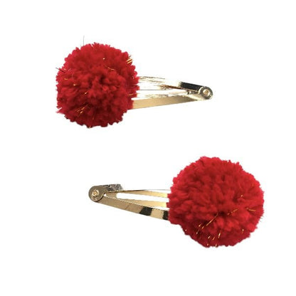 Luna-Leena haarclips pom pom 2x - rood & goud - zachte wol - handgemaakt Nepal