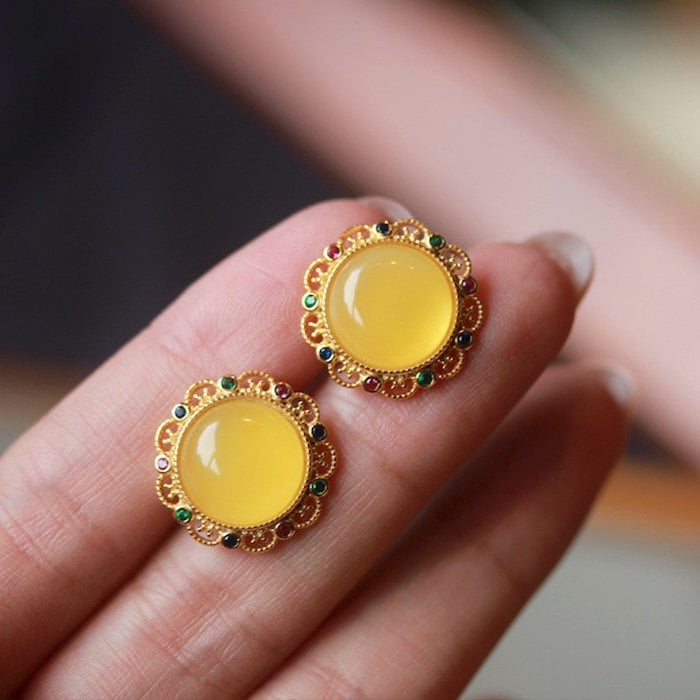 Vintage Style Amber Stone Framed Earrings