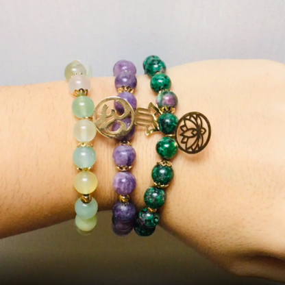 Triple bracelets "Emotional Liberation" in Lepidolite, Clinozoisite and Grape Agate