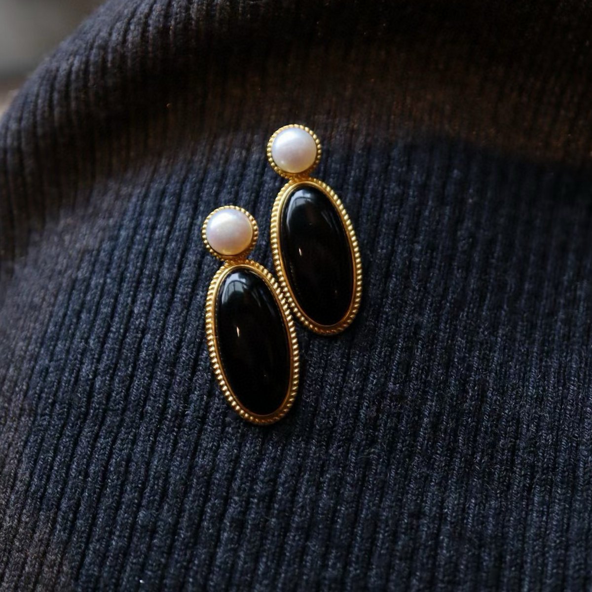 Modern Vintage Genuine Black Onyx Large Earrings with Freshwater Pearl-Gold Vermeil