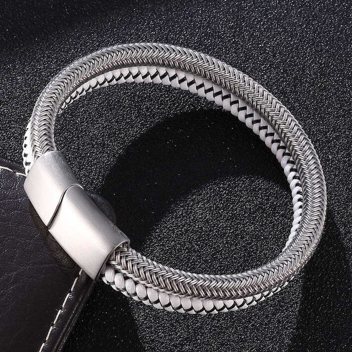 Silver braided bracelet - steel and white leather