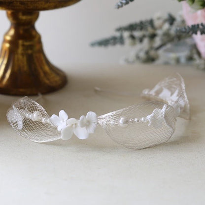 Romantic Silver Mesh Bridal Headband-Ceramic Flowers