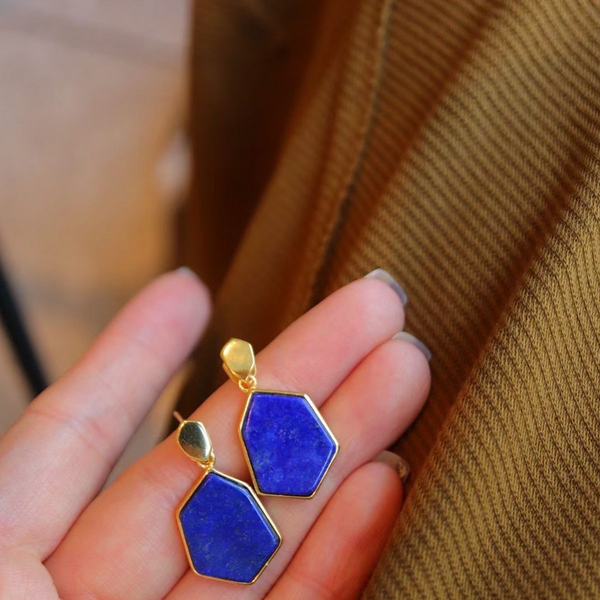 Vintage Inspired Natural Ocean Blue Lapis Lazuli Hexagon Drop Earrings - Gold Vermeil -AAAA Quality