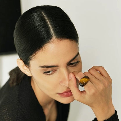 Minimalist tough look ring-Tiger eye stone and white jade