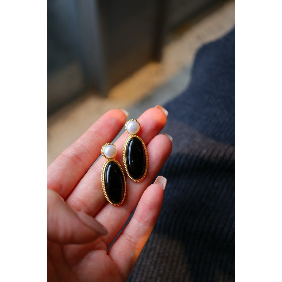 Modern Vintage Genuine Black Onyx Large Earrings with Freshwater Pearl-Gold Vermeil