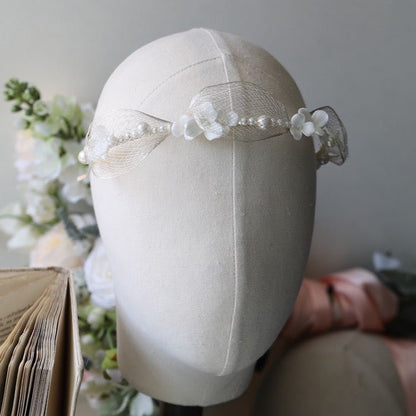 Romantic Silver Mesh Bridal Headband-Ceramic Flowers