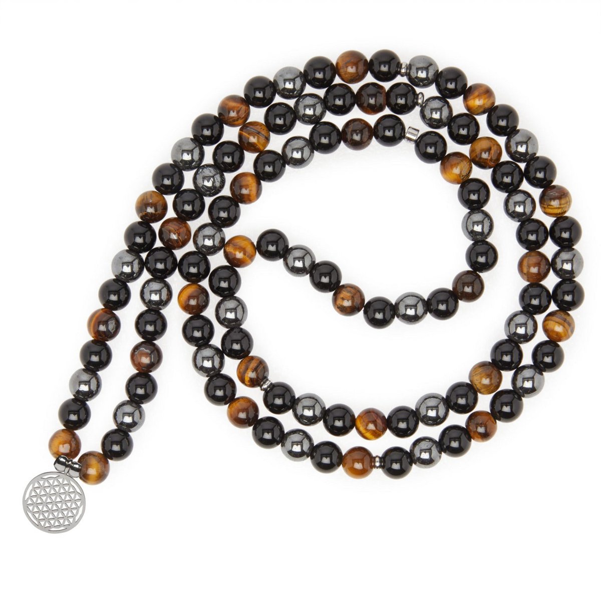 "Triple Protection" bracelet of 108 beads in Tiger Eye, Hematite and Black Obsidian