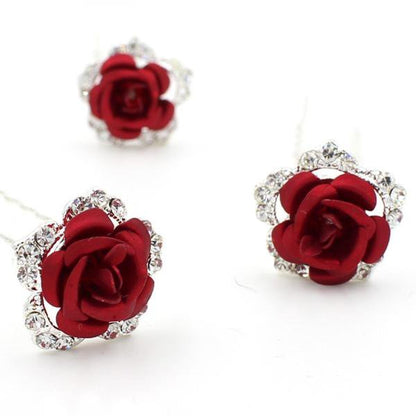 Romantic Red Rose Bridal Hair Pins-A Set of 8