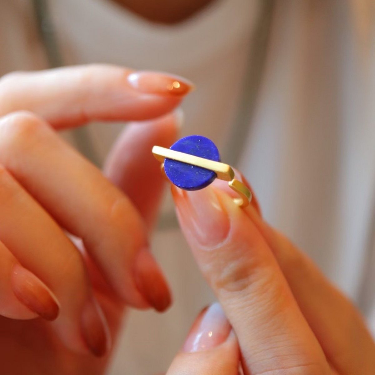 Goud vermeil minimalistische ronde edelsteen ring - verstelbaar - Lapis Lazuli