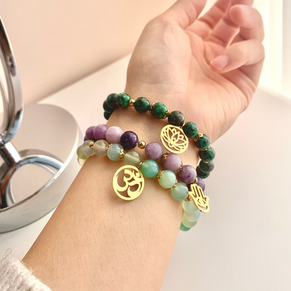 Triple bracelets "Emotional Liberation" in Lepidolite, Clinozoisite and Grape Agate