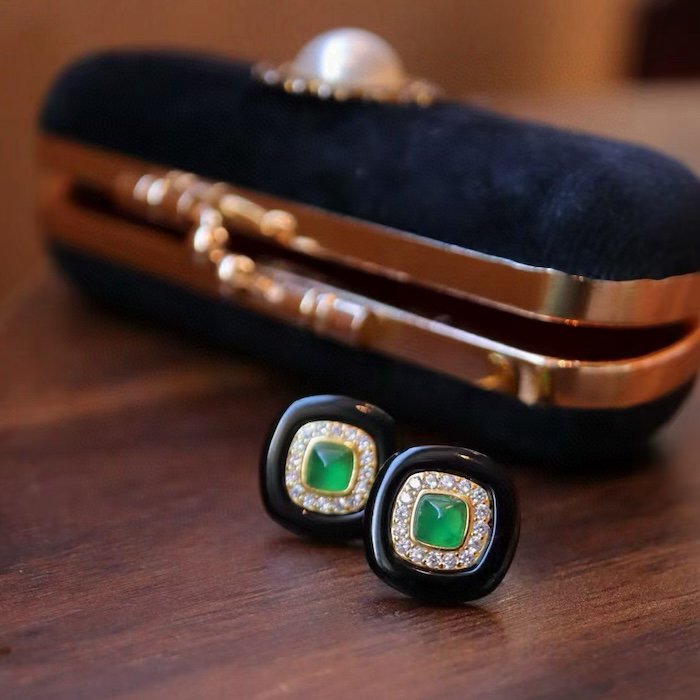 Modern Vintage Black Onyx Stud Earrings-Lapislazuli n Green Onyx