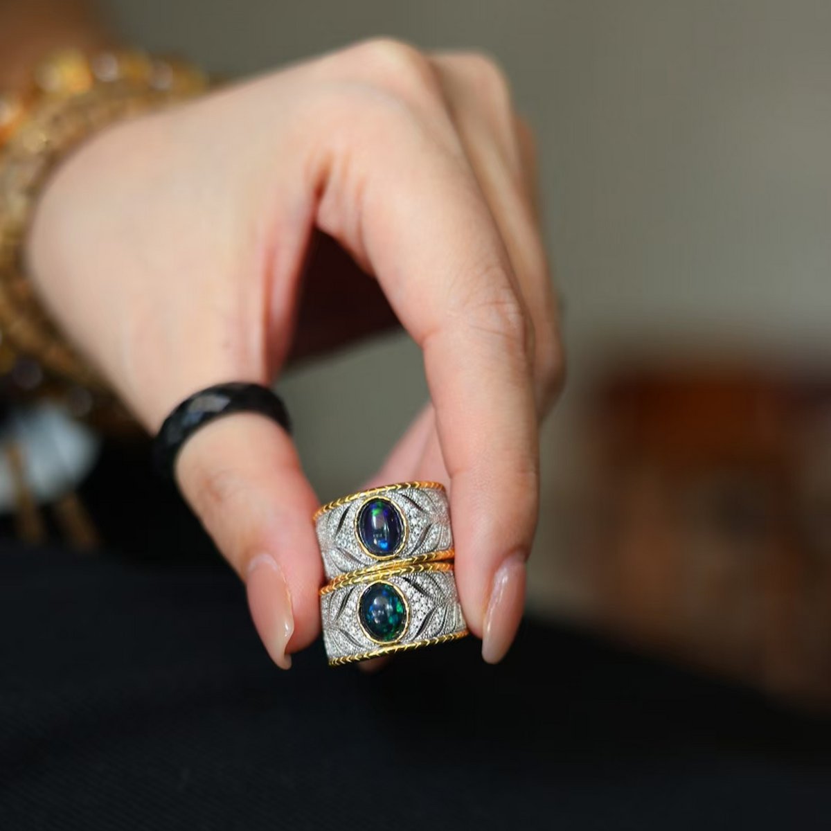 Vintage Eastern Royal Style Black Opal Ring - Adjustable