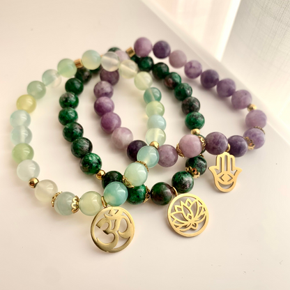 Triple bracelets "Emotional Liberation" in Lepidolite, Clinozoisite and Grape Agate