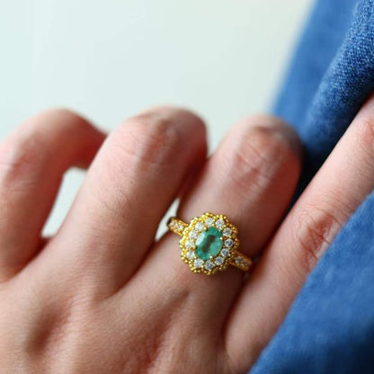 Emerald Gemstone Flower Ring - Real Emerald