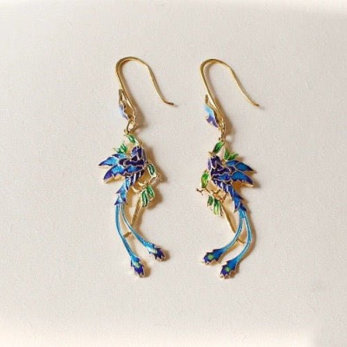 Chinese Royal Earrings-Cloisonné-Phoenix n Flower