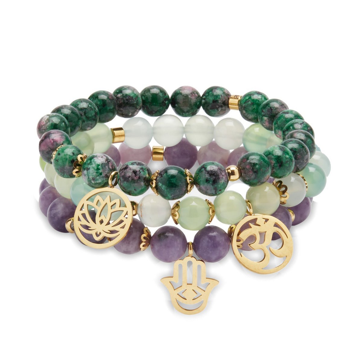 Triple bracelets "Emotional Liberation" in Lepidolite, Clinozoisite and Grape Agate