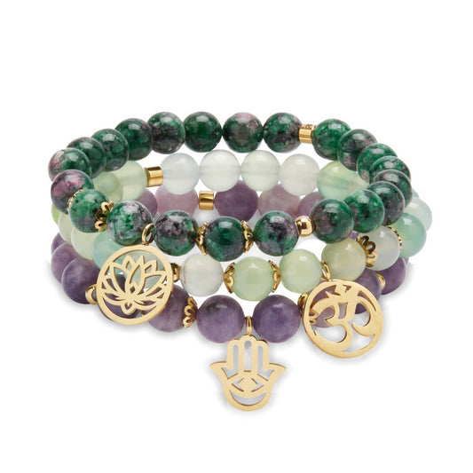 Triple bracelets "Emotional Liberation" in Lepidolite, Clinozoisite and Grape Agate