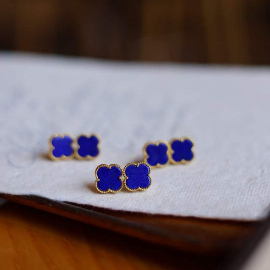 Minimalist Lapis Lazuli lucky clover stud earrings - Gold vermeil - AAAA Quality