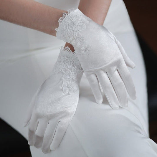 Satin white bridal gloves with lace flowers