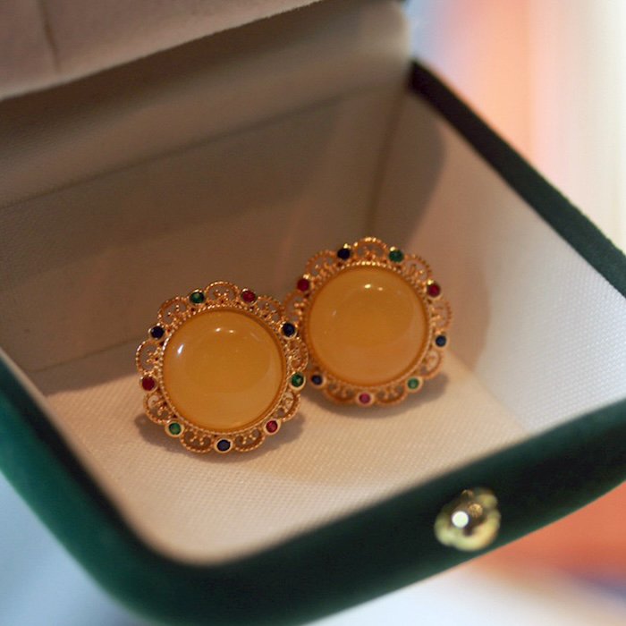 Vintage Style Amber Stone Framed Earrings