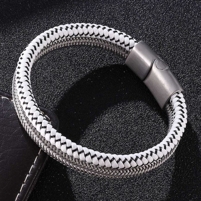 Silver braided bracelet - steel and white leather