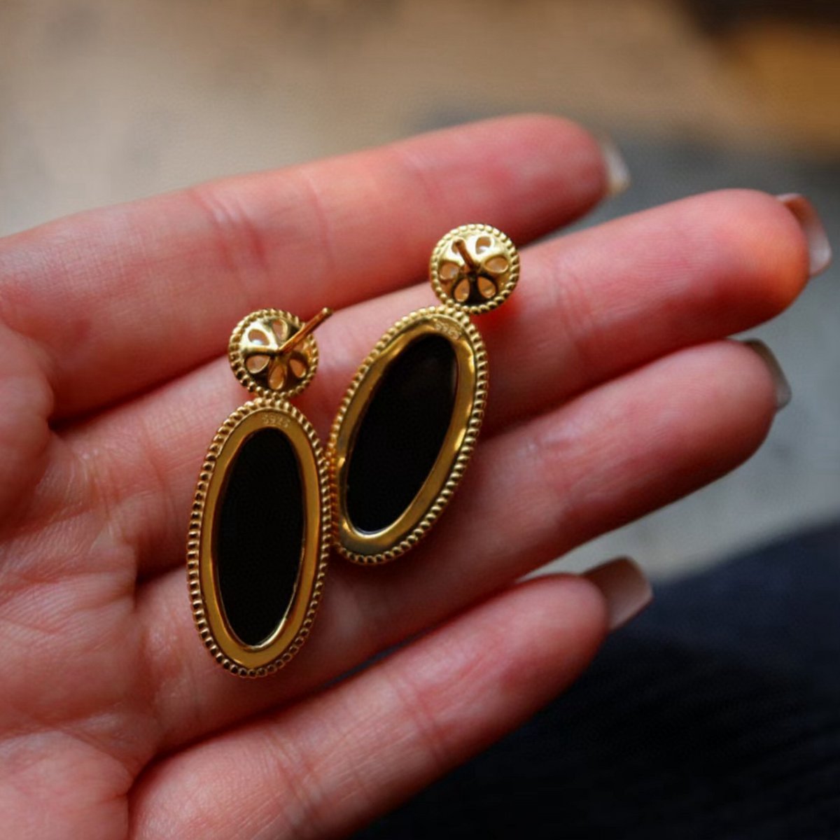 Modern Vintage Genuine Black Onyx Large Earrings with Freshwater Pearl-Gold Vermeil