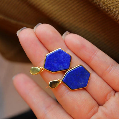 Vintage Inspired Natural Ocean Blue Lapis Lazuli Hexagon Drop Earrings - Gold Vermeil -AAAA Quality