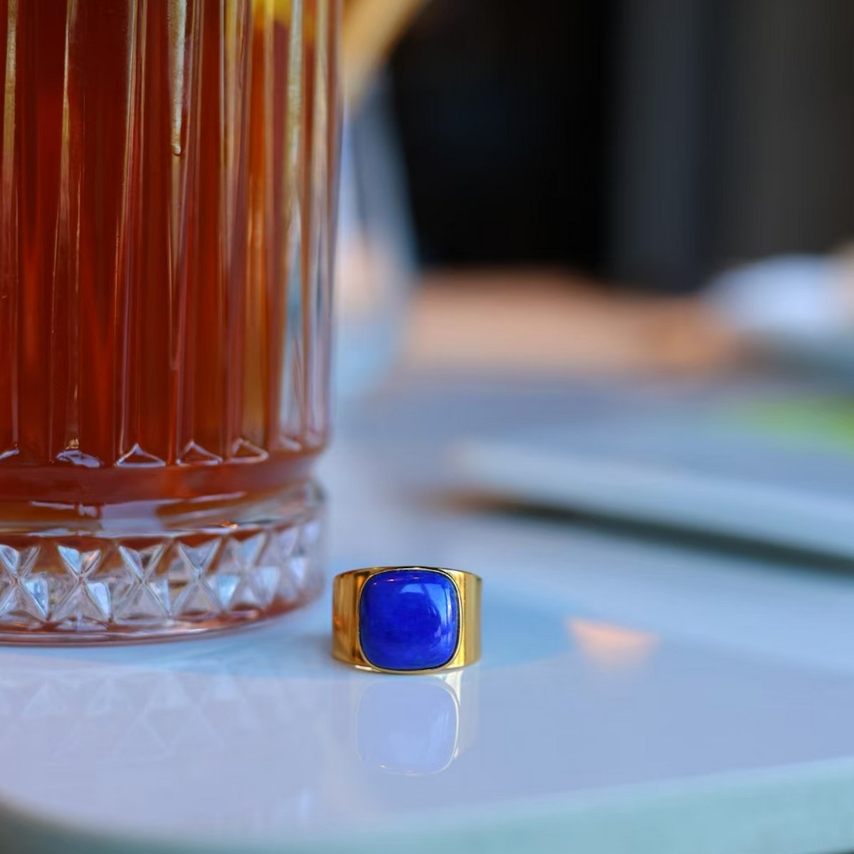 Striking Square Gemstone Ring - Genuine Lapis Lazuli - Adjustable