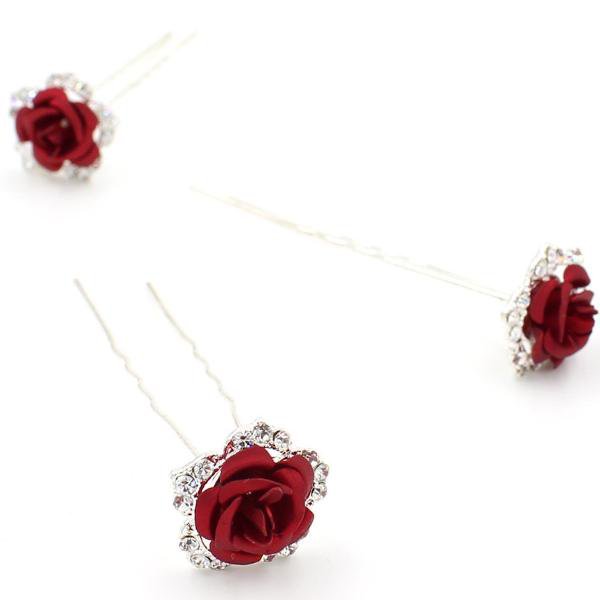 Romantic Red Rose Bridal Hair Pins-A Set of 8